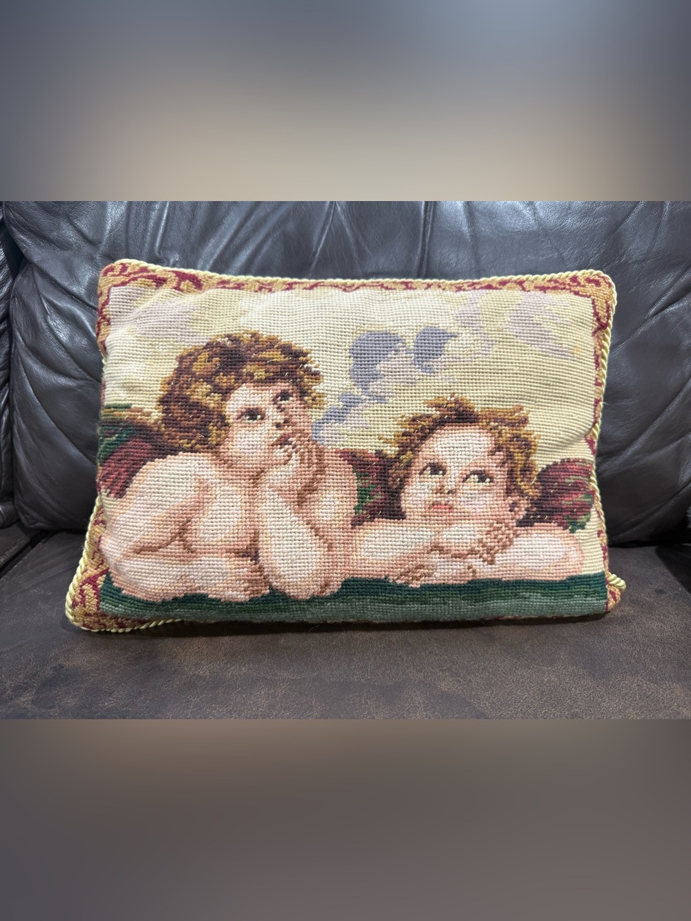 Vintage Moody Cherub needlepoint Tapestry Pillow